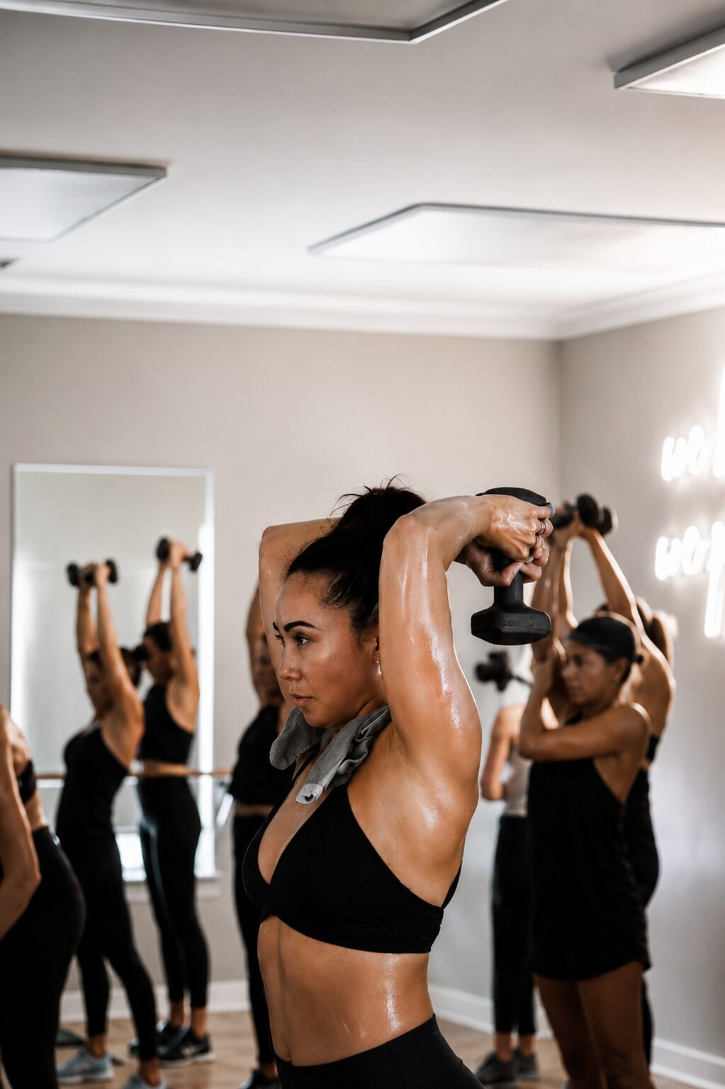 A full class pressing dumbbells overhead in the studio, mid-set